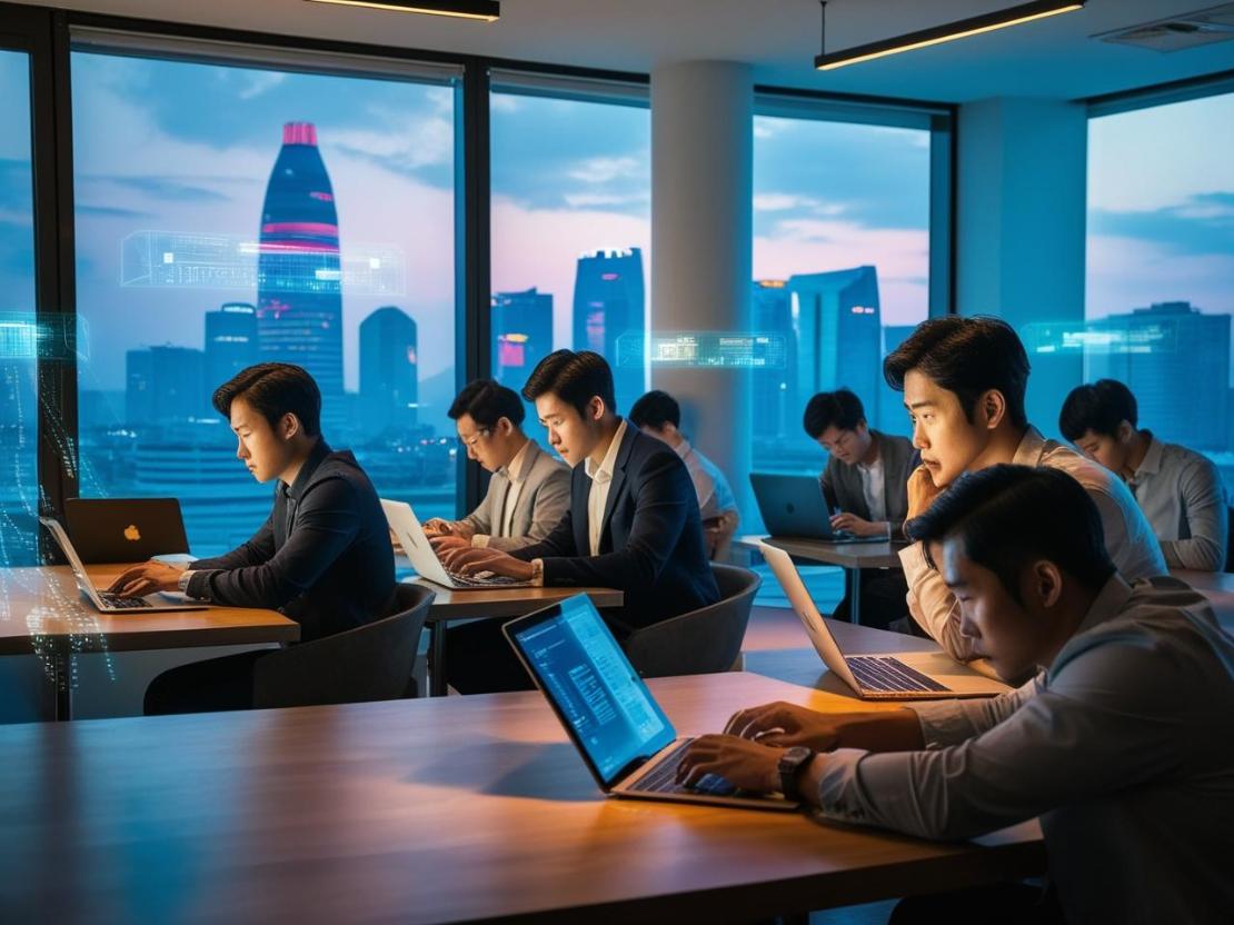 Young professionals in Seoul coworking space, facing digital finance and data challenges.