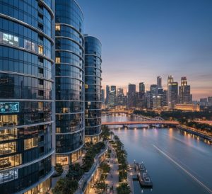 Luxury modern riverfront condominium in Singapore District 9, sleek glass architecture, smart home interior, waterfront promenade, vibrant city skyline at dusk, ultra-realistic professional real estate photography